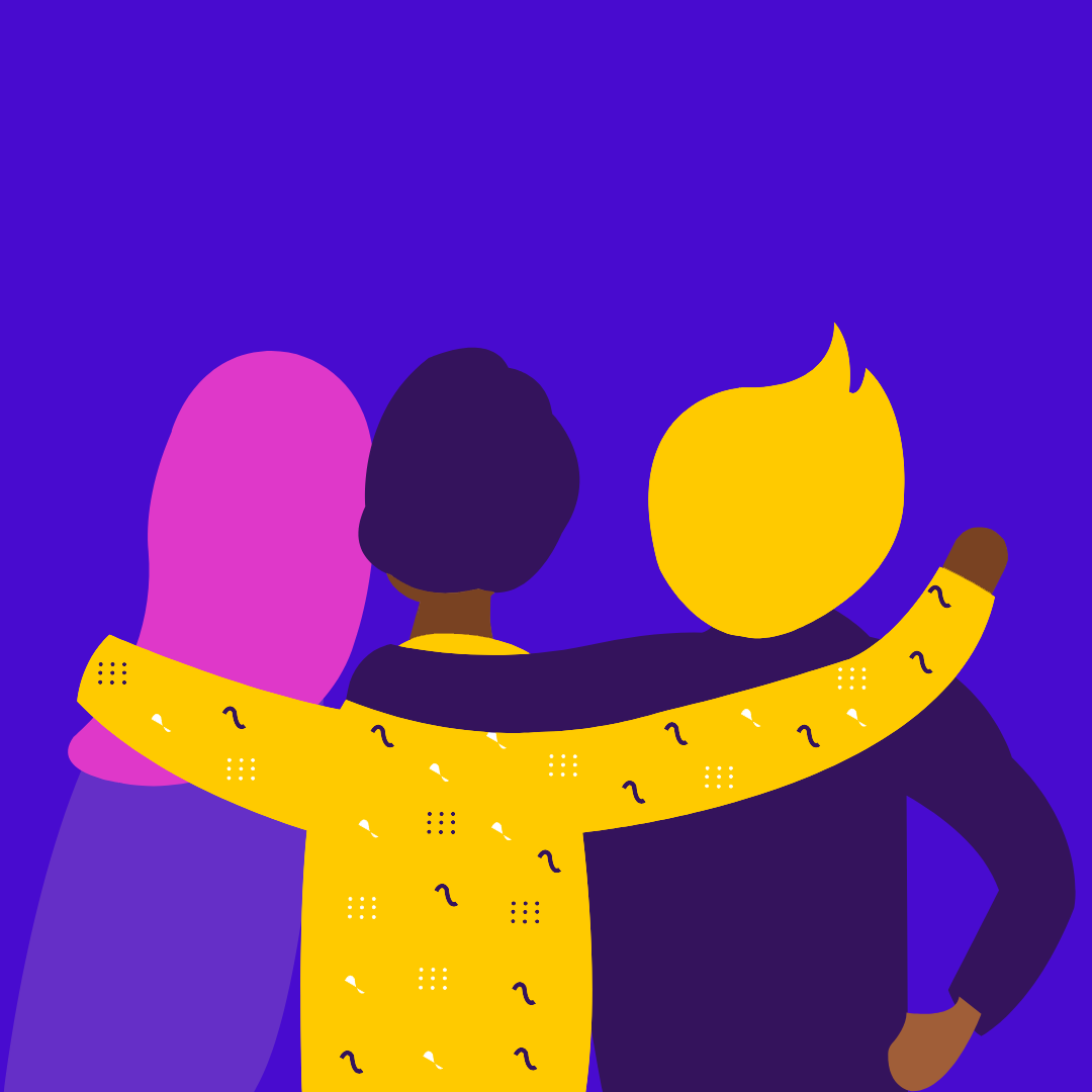 diverse_group_of_web_agency_coworkers Illustration of a diverse group of web agency coworkers hugging each other.