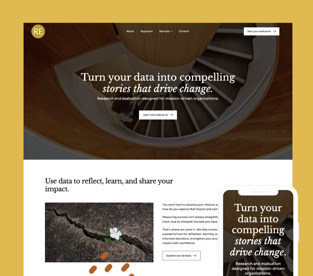 Website preview for Reframe Evaluation, a research and evaluation services firm that works with non-profits.